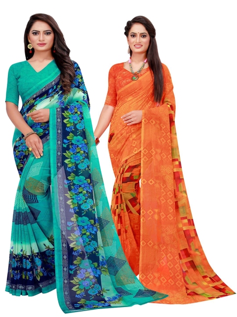 

Florence Pack Of 2 Orange & Turquoise Blue Floral Pure Georgette Saree