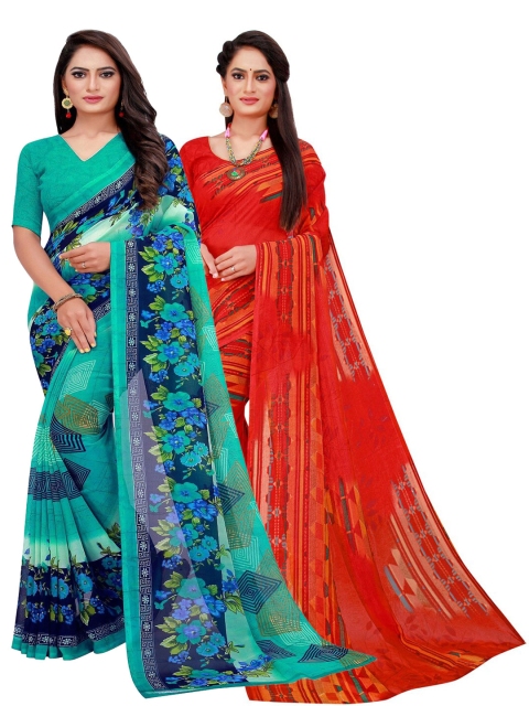 

Florence Pack of 2 Turquoise Blue & Red Printed Pure Georgette Saree