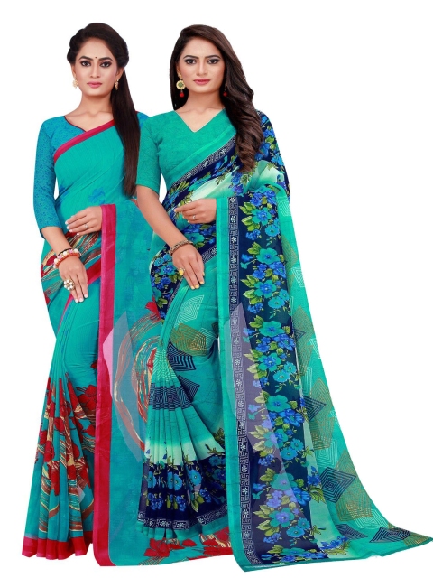 

Florence Turquoise Blue & Navy Blue Floral Pack of 2 Pure Georgette Saree