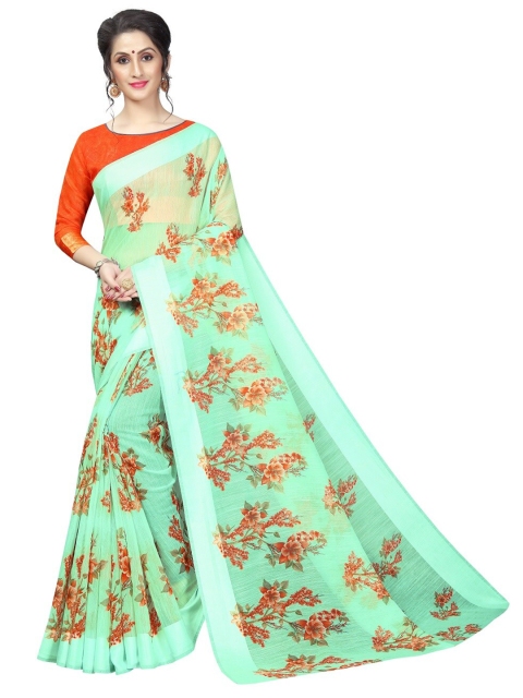 

PERFECTBLUE Green & Peach-Coloured Floral Silk Cotton Saree
