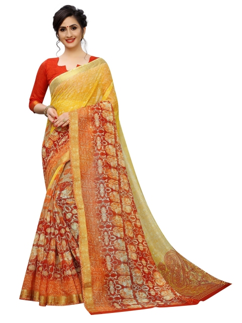 

PERFECTBLUE Orange & Red Floral Saree