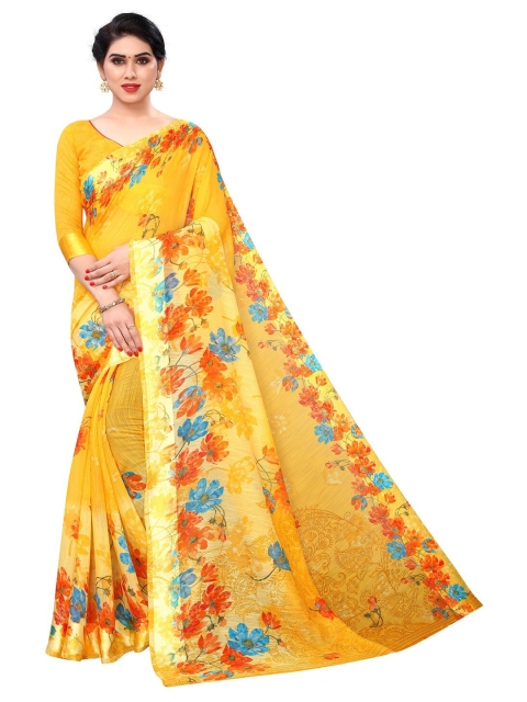 

PERFECTBLUE Yellow & Red Floral Printed Cotton Blend Saree