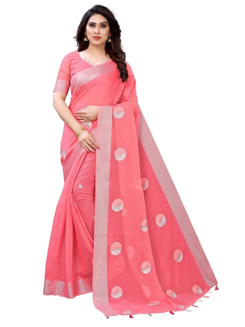 

PERFECTBLUE Pink & Silver-Toned Floral Saree