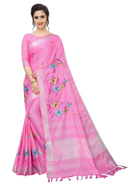

PERFECTBLUE Pink & Blue Floral Zari Linen Blend Saree