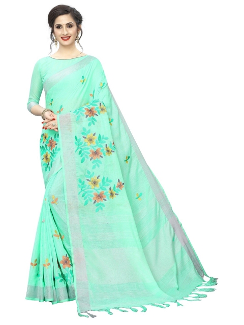 

PERFECTBLUE Green Floral Zari Linen Blend Saree
