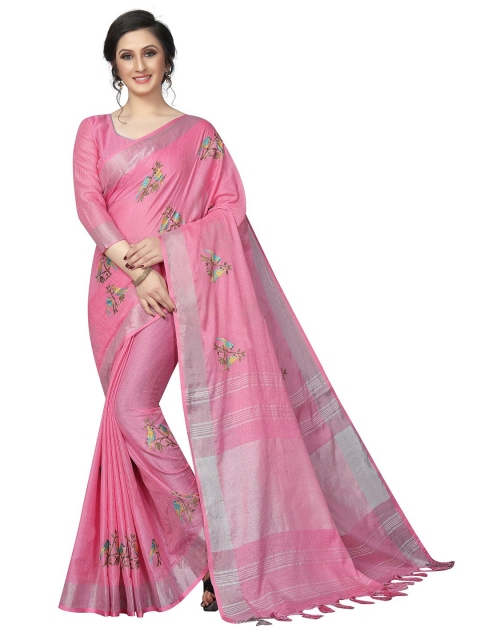 

PERFECTBLUE Pink & Silver-Toned Ethnic Motifs Embroidered Saree