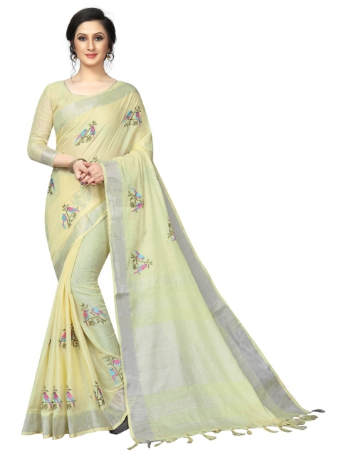 

PERFECTBLUE Yellow & Green Floral Embroidered Saree