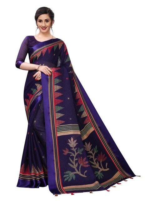 

PERFECTBLUE Blue & Red Floral Zari Saree