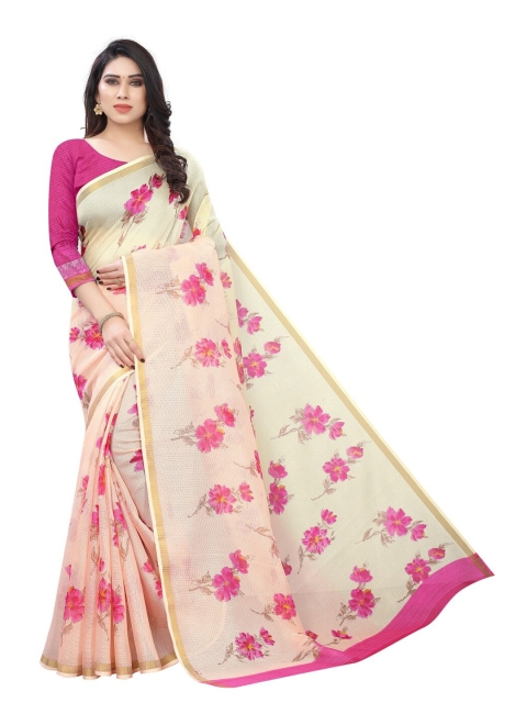 

PERFECTBLUE Beige & Pink Floral Zari Saree