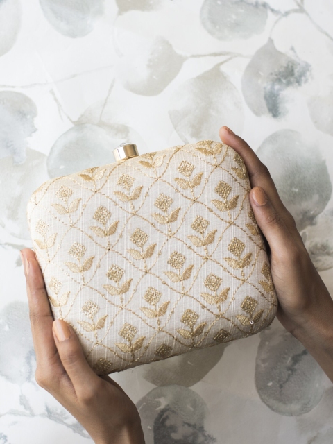 

ARTKLIM White & Gold-Toned Embroidered Box Clutch