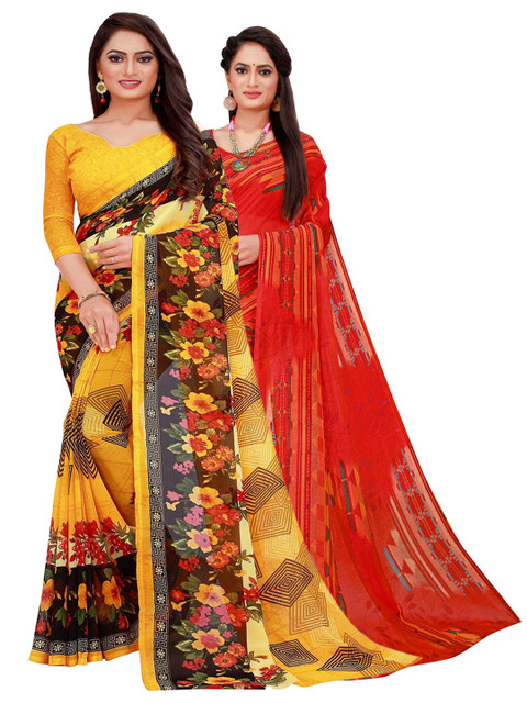 

Florence Pack Of 2 Yellow & Red Floral Pure Georgette Saree
