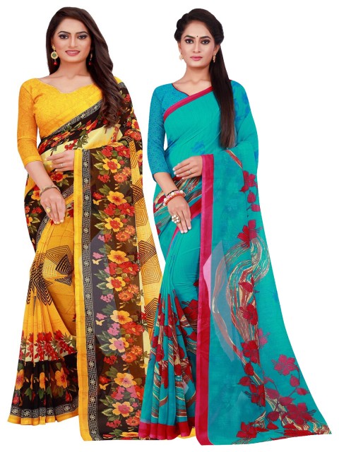 

Florence Pack of 2 Yellow & Turquoise Blue Floral Pure Georgette Saree