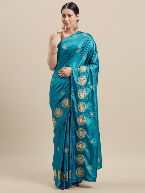 

KALINI Teal & Gold-Toned Ethnic Motifs Embroidered Silk Blend Saree