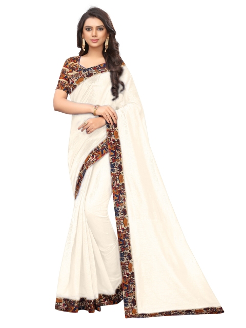 

KALINI White & Blue Cotton Blend Saree with Printed Border