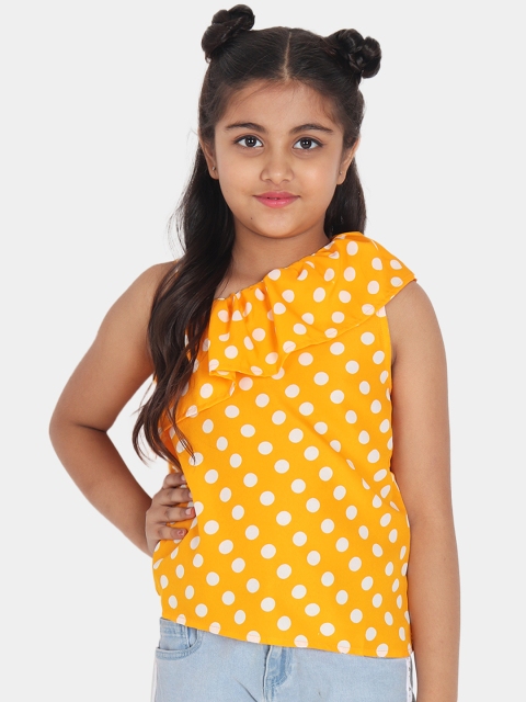 

YK Girls Yellow Polka Dots Print One Shoulder Ruffle Top