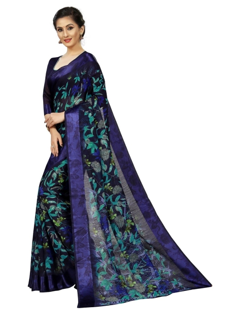 

PERFECTBLUE Navy Blue & Green Floral Saree