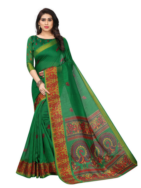 

PERFECTBLUE Women Green Printed Sarees