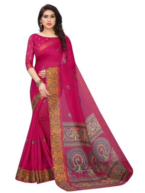 

PERFECTBLUE Magenta & Green Ethnic Motifs Cotton Blend Saree
