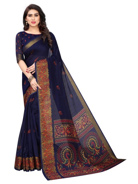 

PERFECTBLUE Navy Blue & Red Ethnic Motifs Cotton Blend Saree