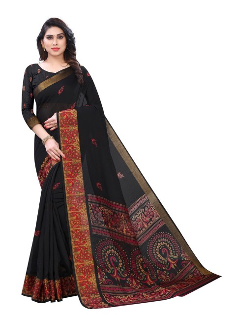 

PERFECTBLUE Black & Red Ethnic Motifs Print Cotton Linen Saree
