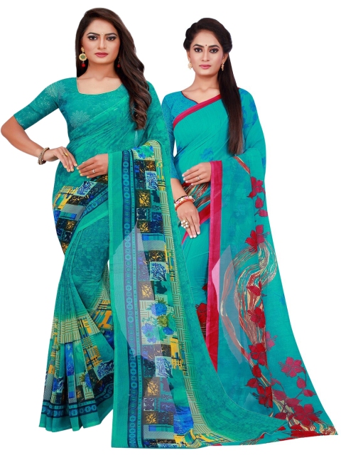 

SAADHVI Pack of 2 Printed Pure Georgette Sarees, Turquoise blue