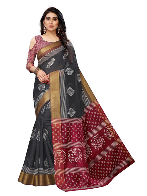

PERFECTBLUE Black & Maroon Floral Zari Cotton Line Bhagalpuri Saree