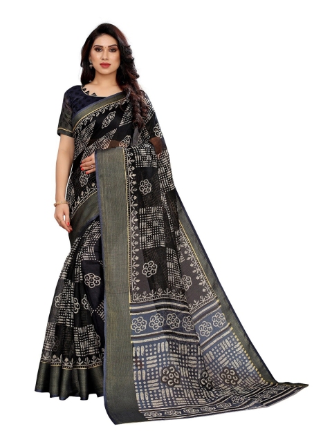 

PERFECTBLUE Black & White Batik Zari Art Silk Saree