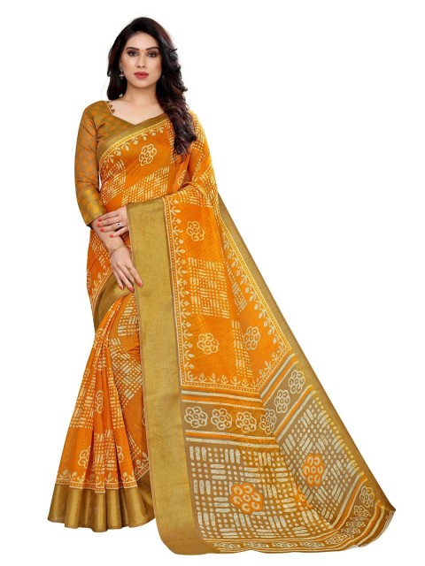 

PERFECTBLUE Yellow & Golden Batik Art Silk Saree