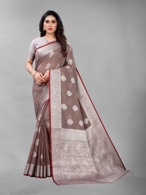 

PERFECTBLUE Brown & Silver-Toned Ethnic Motifs Zari Silk Blend Saree
