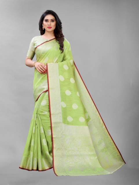 

PERFECTBLUE Green & Silver-Toned Ethnic Motifs Zari Saree
