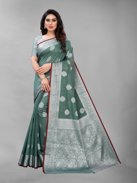 

PERFECTBLUE Green & Silver-Toned Ethnic Motifs Zari Saree