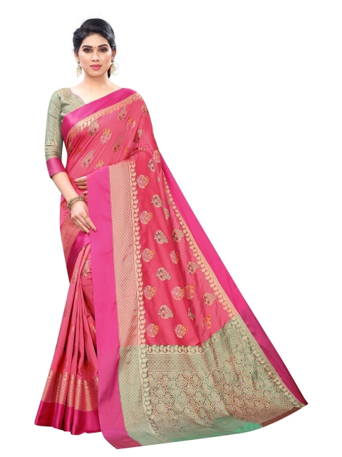 

PERFECTBLUE Pink & Green Woven Design Art Silk Saree