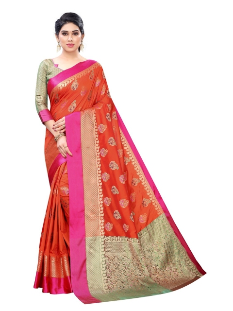 

PERFECTBLUE Orange & Magenta Floral Art Silk Saree