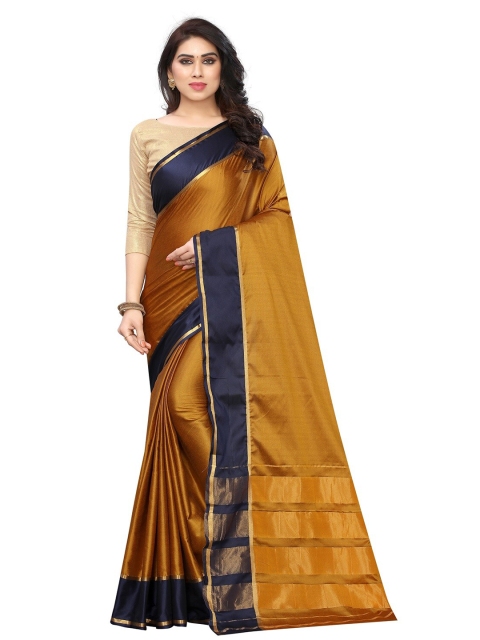 

PERFECTBLUE Golden & Navy Blue Zari Silk Cotton Saree, Gold
