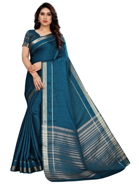 

PERFECTBLUE Teal & Silver-Toned Zari Silk Blend Saree