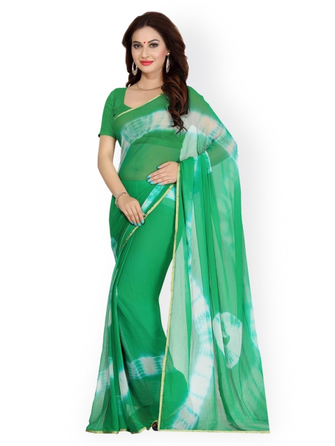 

Ishin Green & White Faux Georgette Tie-Dyed Print Saree