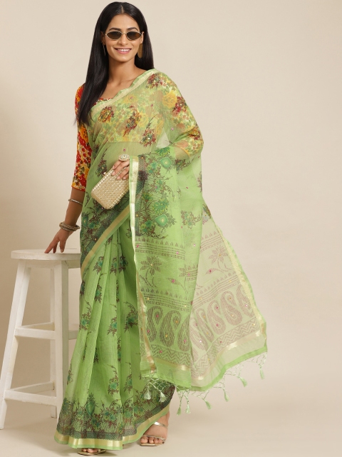 

KALINI Lime Green Floral Mirror Work Silk Cotton Kota Saree