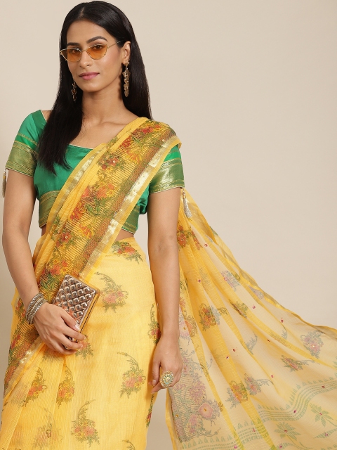 

KALINI Yellow & Green Floral Mirror Work Silk Cotton Kota Saree
