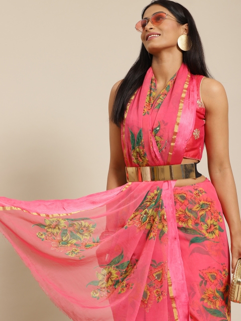 

KALINI Pink & Yellow Floral Printed & & Glitter Poly Chiffon Saree