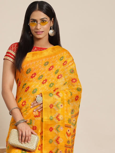 

KALINI Mustard Ethnic Motifs Mirror Work Silk Cotton Chanderi Saree