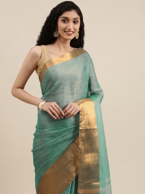 

PERFECTBLUE Navy Blue & Gold-Toned Zari Silk Cotton Saree