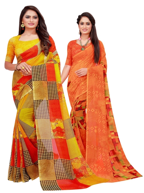 

Florence Pack of 2 Orange & Yellow Floral Pure Georgette Saree