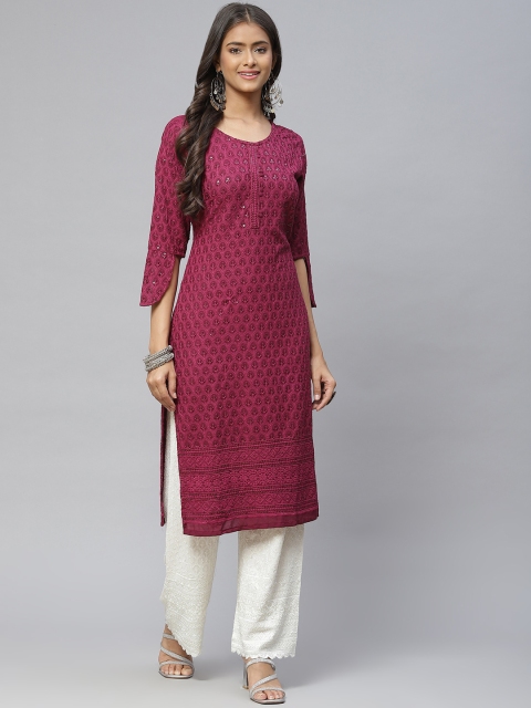 

Aarika Women Burgundy Ethnic Motifs Embroidered Sequined Pure Cotton Kurta
