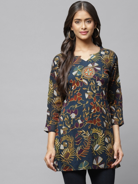 

Aarika Navy Blue & Green Print Longline Pure Cotton Top