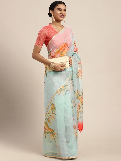 

Mitera Turquoise Blue & Pink Floral Organza Saree