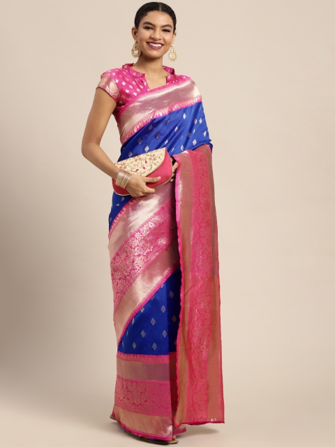 

Mitera Blue & Pink Ethnic Motifs Zari Poly Silk Banarasi Saree