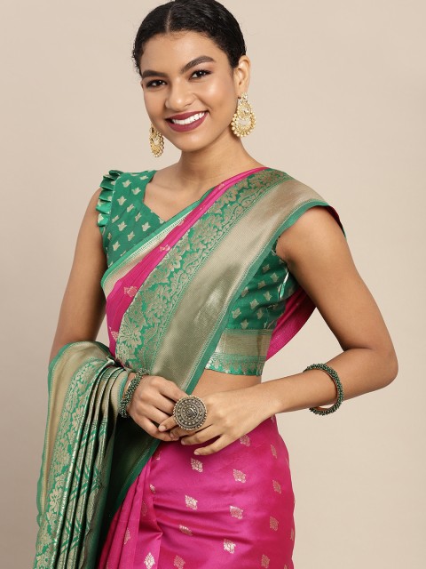 

Mitera Green & Pink Ethnic Motifs Zari Poly Silk Banarasi Saree