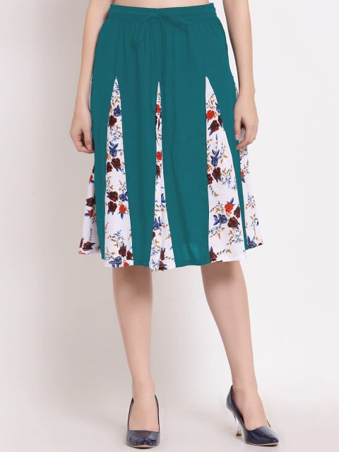 

PATRORNA Women Green & White Printed Flared Skirt With Contrast Pleated Detailing