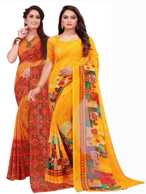 

Florence Orange & Yellow Floral Pure Georgette Saree Pack Of 2