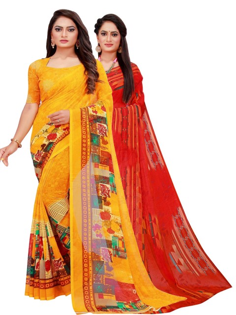 

Florence Yellow & Red Floral Set of 2 Pure Georgette Saree